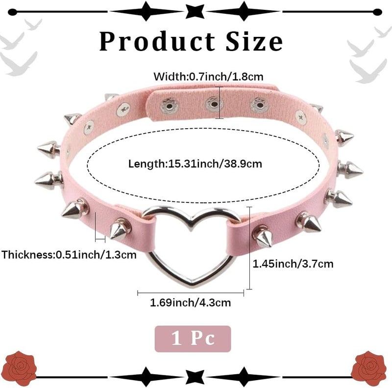 CALFOVERA Gothic Studded Rivets Choker Collar Punk Rock Alloy Hollow Love Heart Necklace Cosplay PU Leather Spiked Choker Jewelry Collar Chain Necklace Decorations for Women Party Cosplay Decorations (Pink) - Image 2